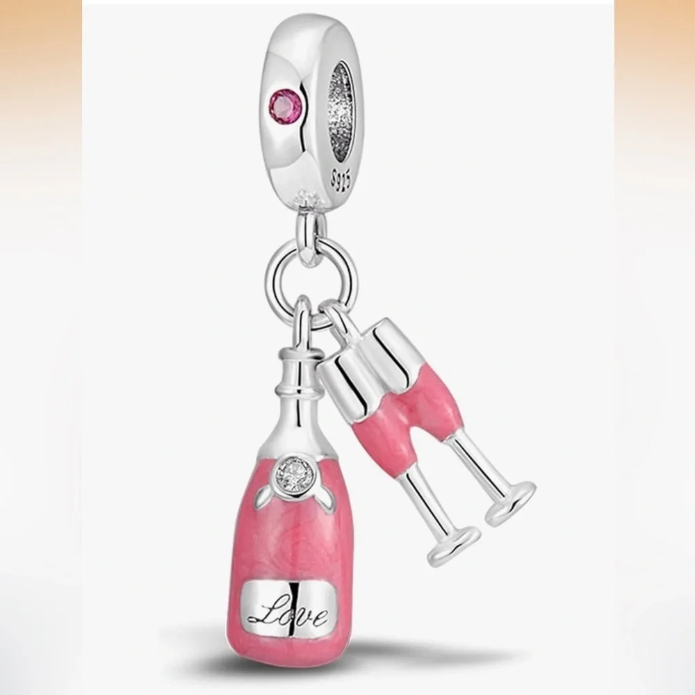 Sterling silver Pink Champagne Bottle Glasses Charm fits all Pandora bracelets